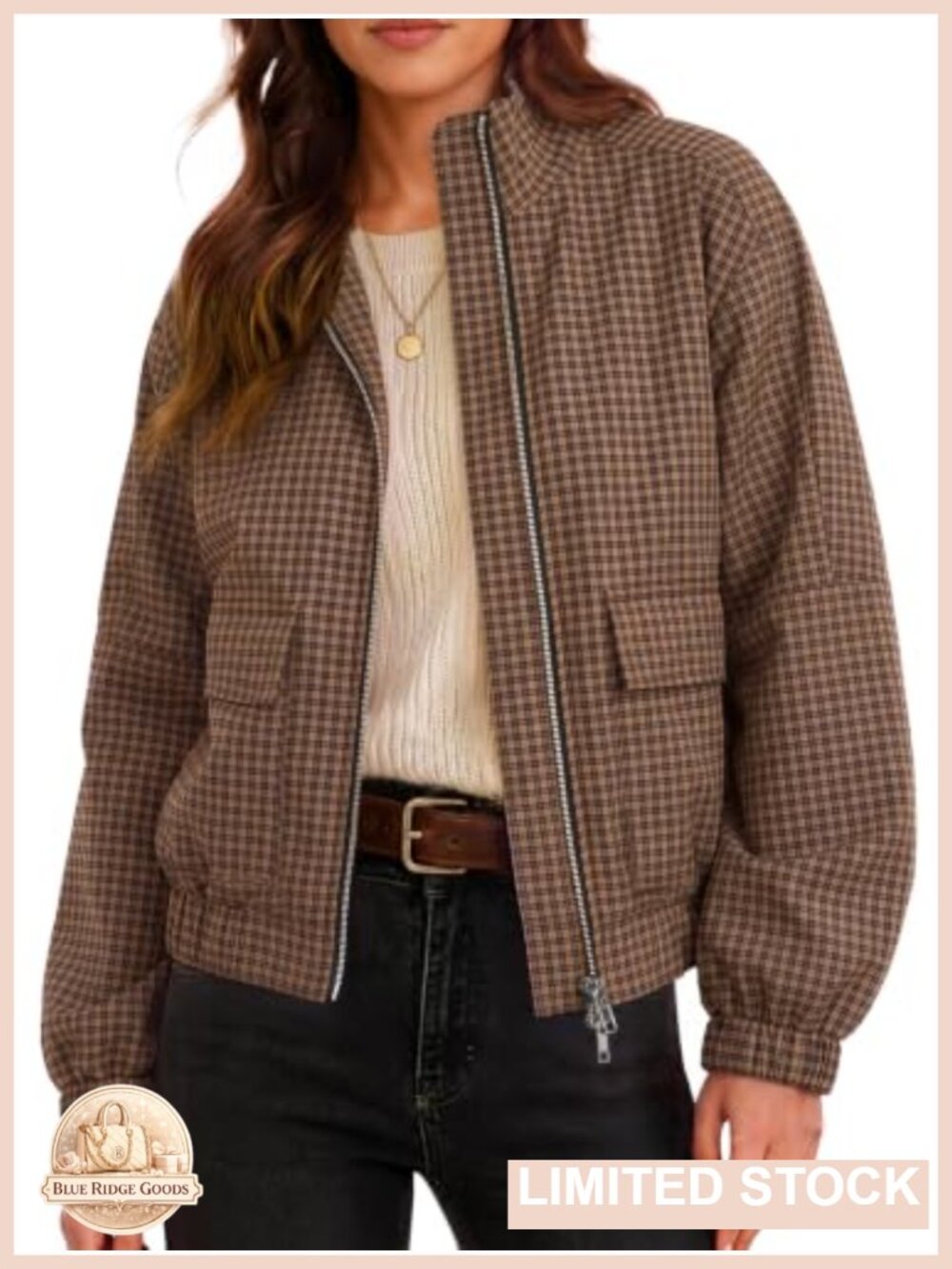 Womens Lightweight Plaid Bomber Jacket Zip Up Cropped Casual Coat Pockets